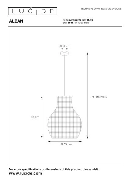 Lucide ALBAN - Hanglamp - Ø 35 cm - 1xE27 - Zwart - technisch